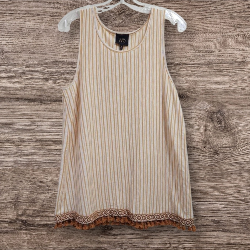 W5‎ mustard yellow striped with embroidered hemline tassel trim Tank Top Size M